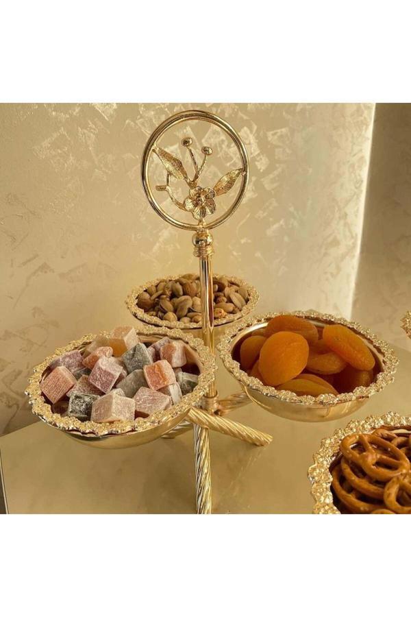 Azade Home Gold Pirinç Çok Çiçek 3’Lü Çerezlik - Image 1