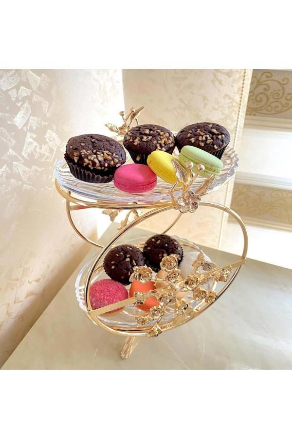 Azade Home Gold Pirinç Çok Çiçek Dünya İki Katlı Cam Sunumluk - Image 1