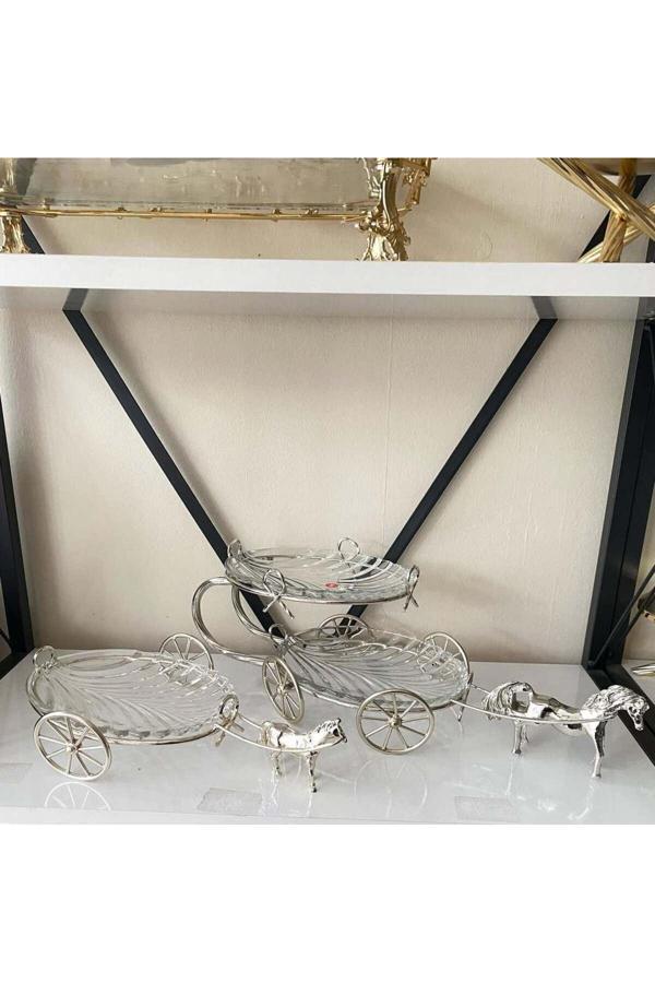 Azade Home Gümüş Pirinç Atlı İki Katlı Cam Sunum Ve Atlı Tekli Cam Sunum İkili Set - Image 1