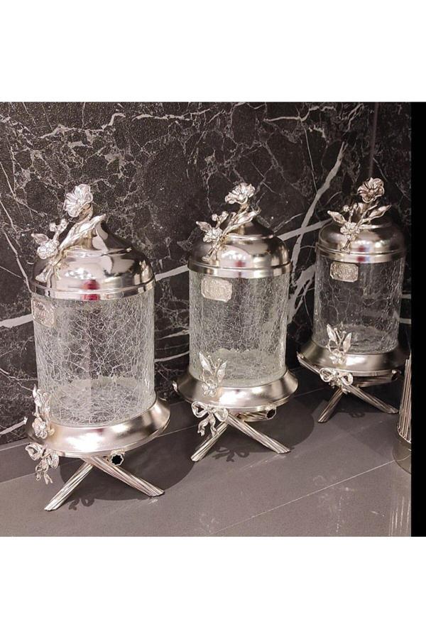Azade Home Gümüş Pirinç Ayaklı Lüx Kavanoz 3’Lü Set - Image 1
