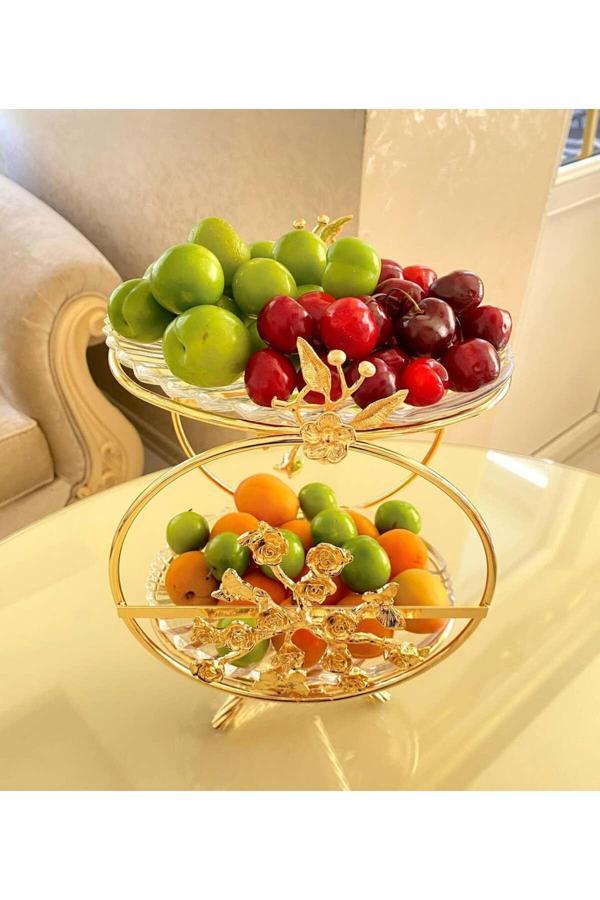 Azade Home Gold Pirinç Çok Çiçek Dünya İki Katlı Cam Sunumluk - Image 1