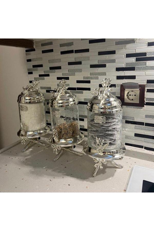 Azade Home Gümüş Pirinç Ayaklı Lüx Kavanoz 3’Lü Set - Image 1