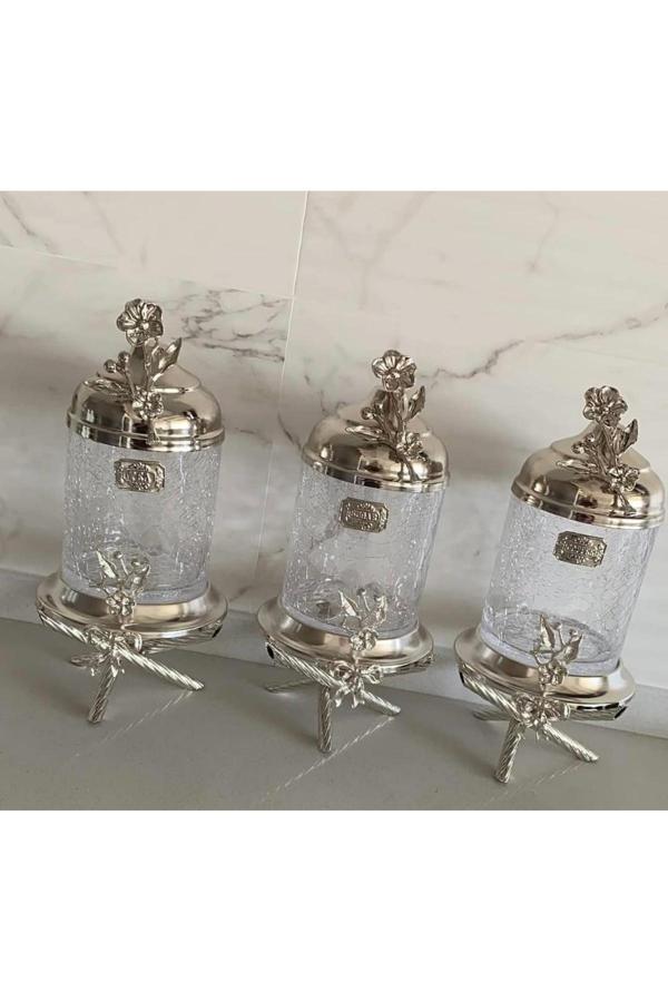 Azade Home Gümüş Pirinç Ayaklı Lüx Kavanoz 3’Lü Set - Image 1