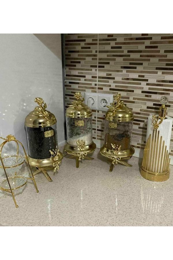 Azade Home Gold Pirinç Japongül Ayaklı Lüx Kavanoz 3’Lü Set - Image 1