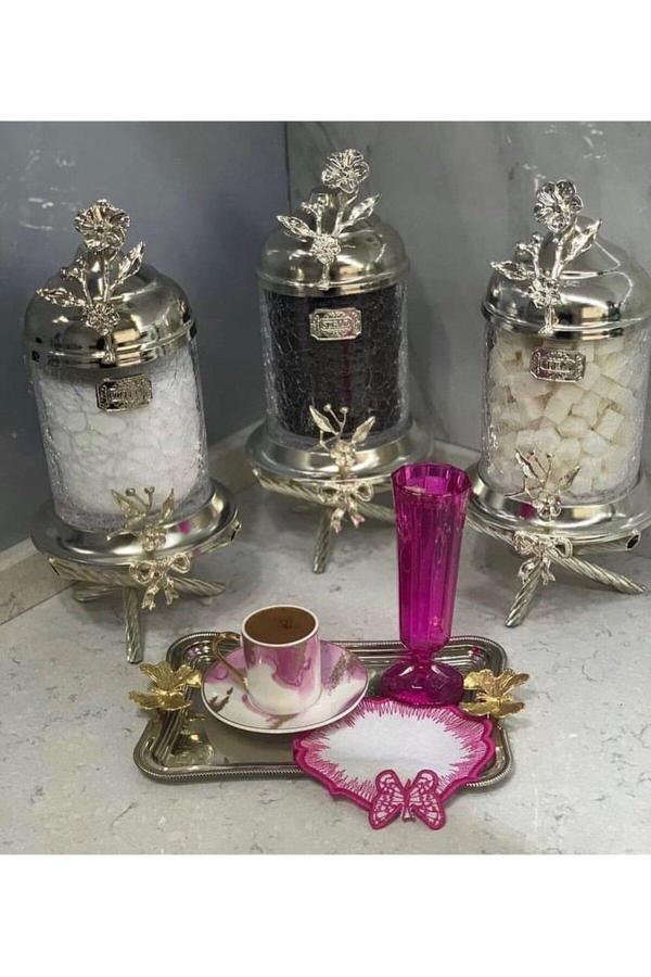 Azade Home Gümüş Pirinç Ayaklı Lüx Kavanoz 3’Lü Set - Image 1