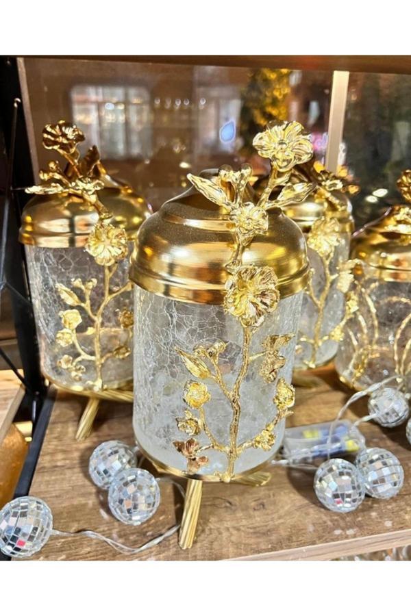 Azade Home Gold Pirinç Japongül Ayaklı Lüx Kavanoz 3’Lü Set - Image 1