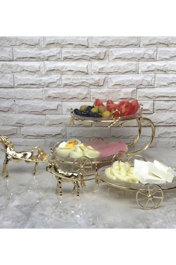Azade Home Pirinç Atlı İki Katlı Cam Sunum Ve Atlı Tekli Cam Sunum 2’Li Set - Image 1