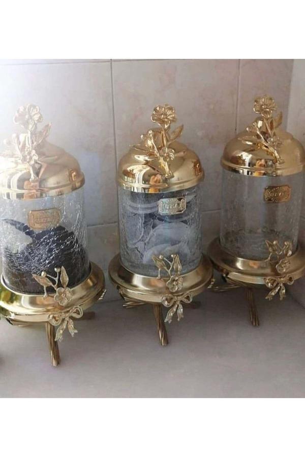 Azade Home Gold Pirinç Japongül Ayaklı Lüx Kavanoz 3’Lü Set - Image 1