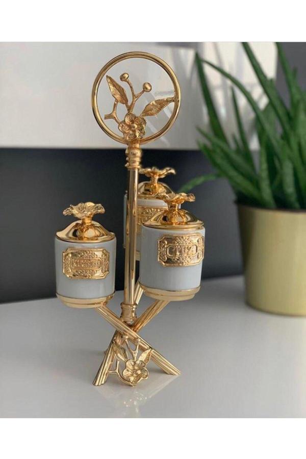 Azade Home Üçlü Mini Porselen Zikzak Baharatlık Gold Renk - Image 1