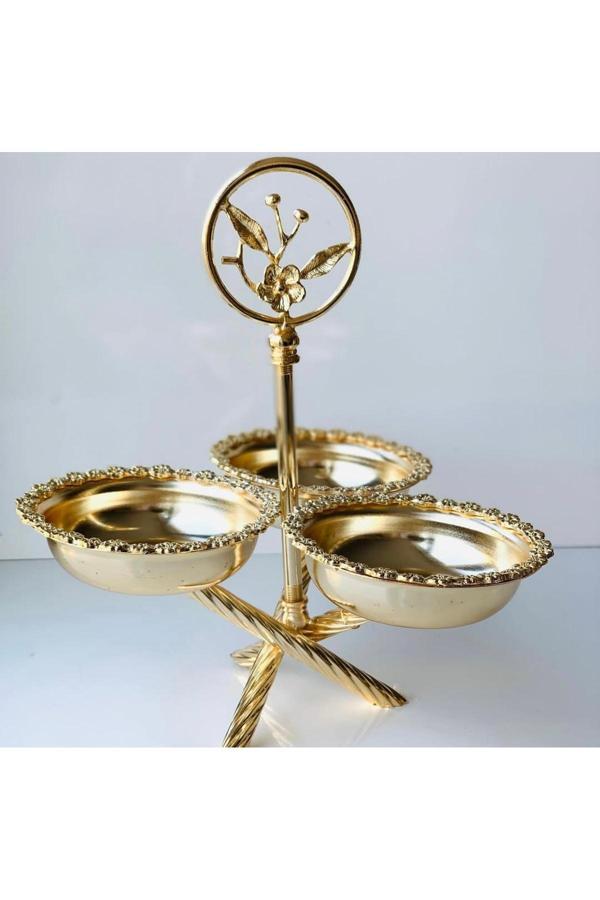Azade Home Gold Pirinç Çok Çiçek 3’Lü Çerezlik, 2’Li Çerezlik Ve Tekli Çerezlik 3’Lü Set - Image 1