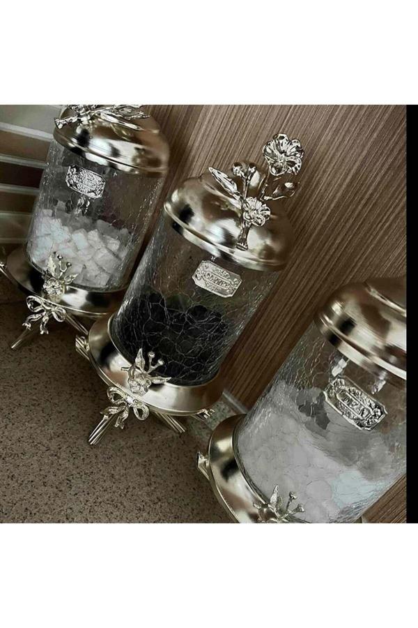 Azade Home Gümüş Pirinç Ayaklı Lüx Kavanoz 3’Lü Set - Image 1
