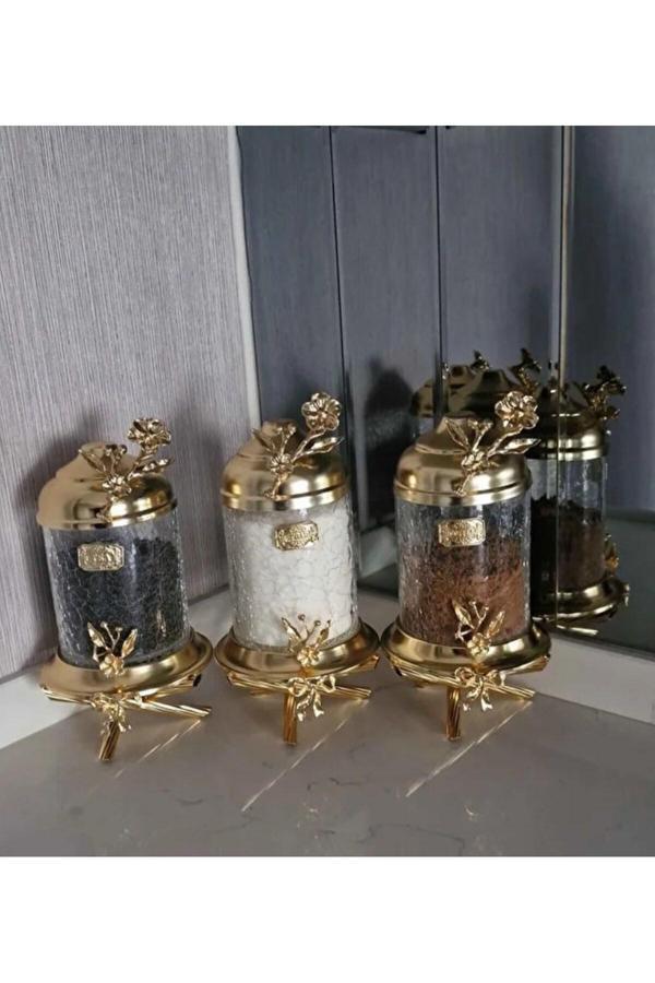 Azade Home Gold Pirinç Japongül Ayaklı Lüx Kavanoz 3’Lü Set - Image 1