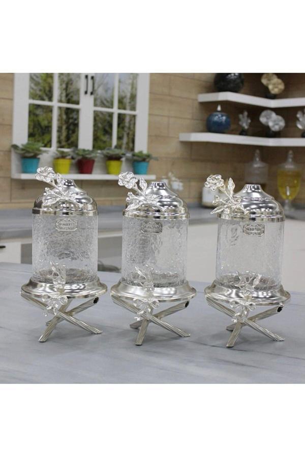 Azade Home Gümüş Pirinç Ayaklı Lüx Kavanoz 3’Lü Set - Image 1