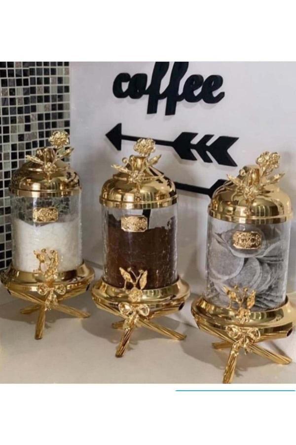 Azade Home Gold Pirinç Japongül Ayaklı Lüx Kavanoz 3’Lü Set - Image 1