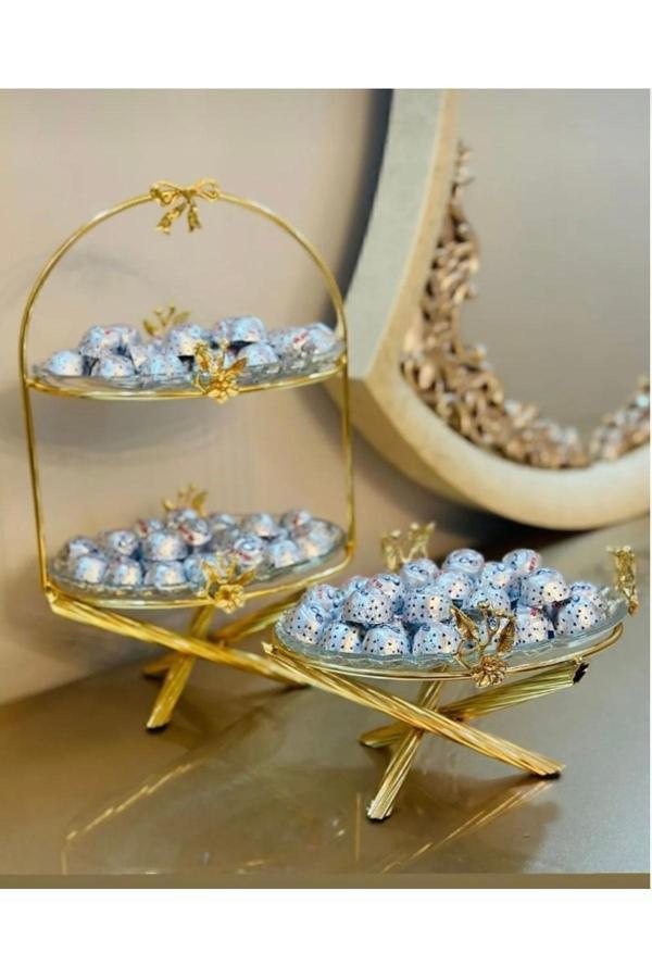 Azade Home Gold Japongül Pirinç İki Katlı Sunum Ve Tekli Cam Sunum İkili Set - Image 1