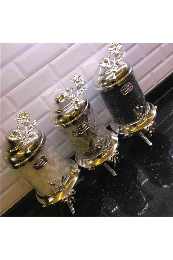 Azade Home Gümüş Pirinç Japongül Ayaklı Lüx Kavanoz 3’Lü Set - Image 1