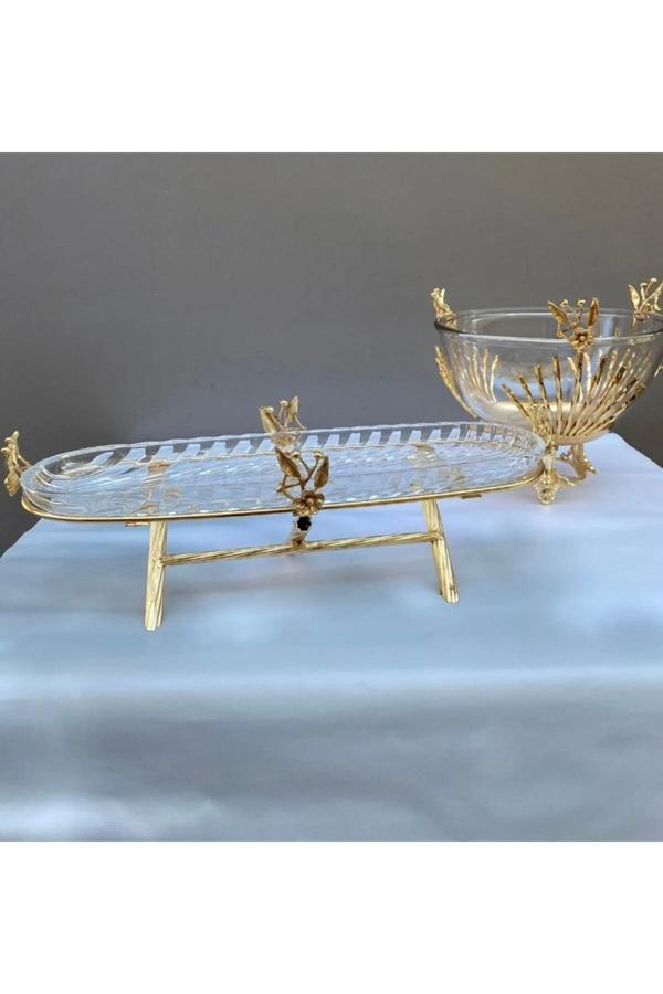 Azade Home Gold Pirinç Japongül Çubuk Salata Kase Ve Tekli Cam Sunum 2’Li Set - Image 1