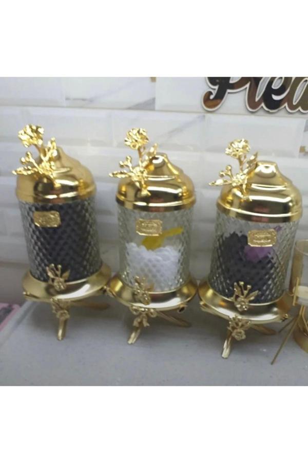 Azade Home Gold Pirinç Japongül Ayaklı Lüx Kristal Kavanoz 3’Lü Set - Image 1
