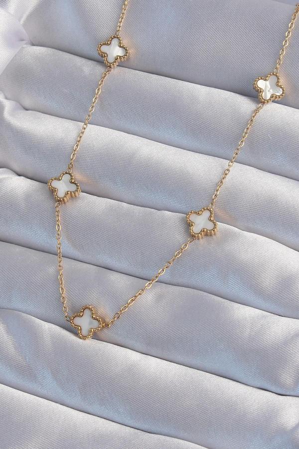 Celira 316L Çelik Gold Renk Minimal Beyaz Sedefli Yonca Kolye - Image 1