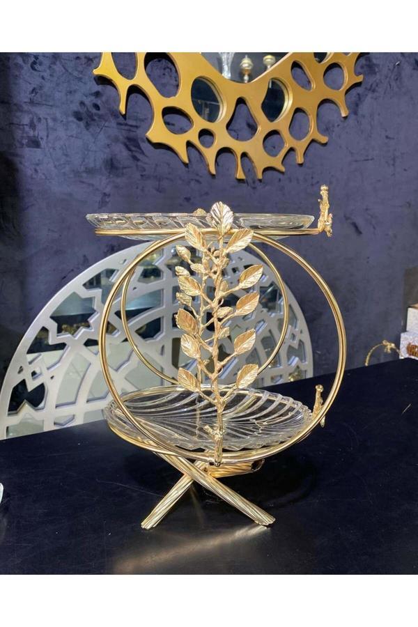 Azade Home Gold Pirinç Yaprak Dünya İki Katli Cam Sunumluk - Image 1