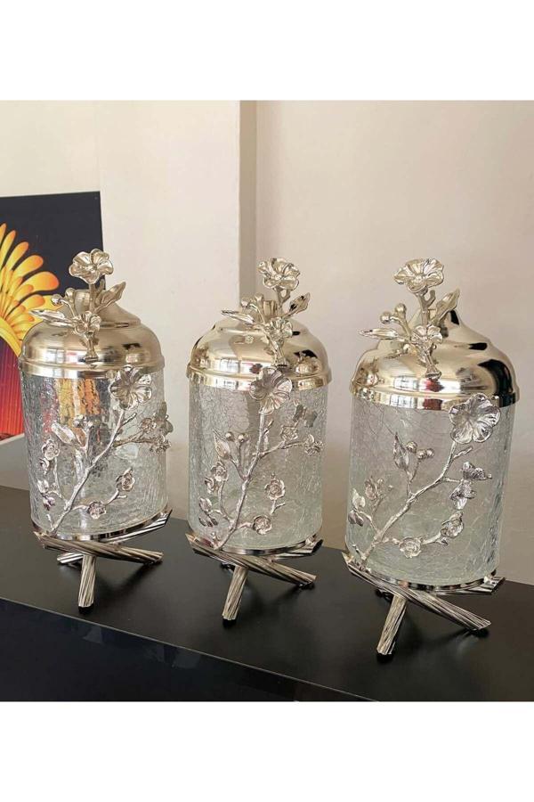 Azade Home Gümüş Pirinç Japongül Ayaklı Lüx Kavanoz 3’Lü Set - Image 1