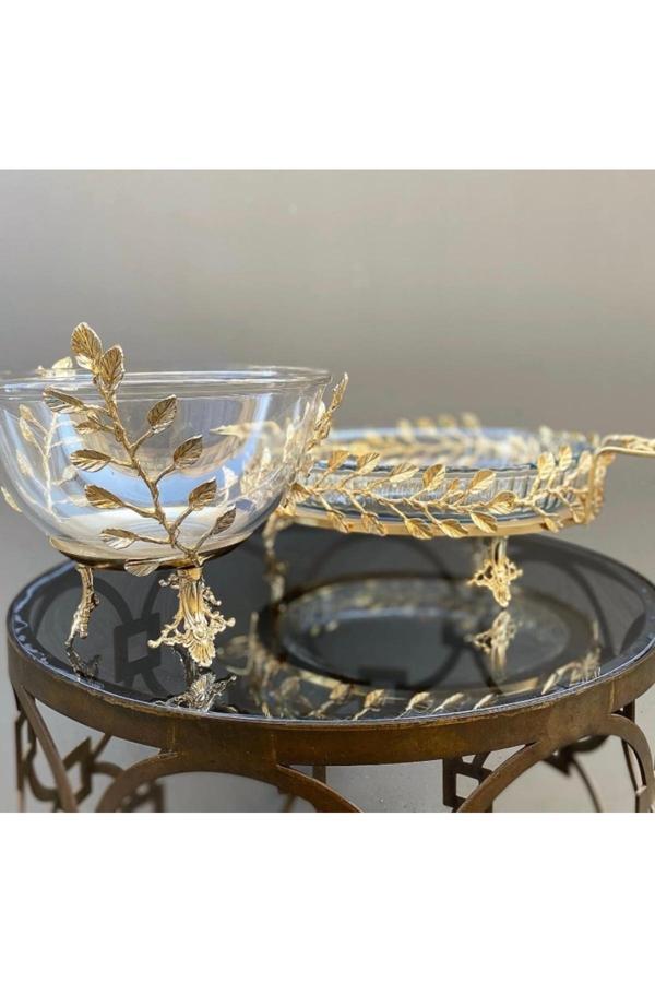 Azade Home Gold Pirinç Yaprak Yuvarlak Borcam Ve Yaprak Kase 2’Li Set - Image 1