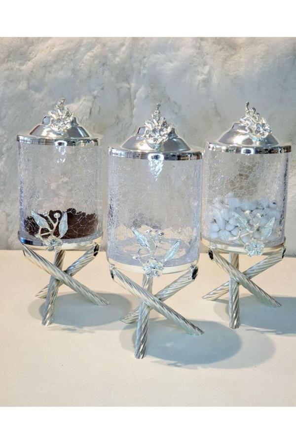 Azade Home Gümüş Pirinç Japongül Çatlak Cam Kavanoz 3’Lü Set - Image 1