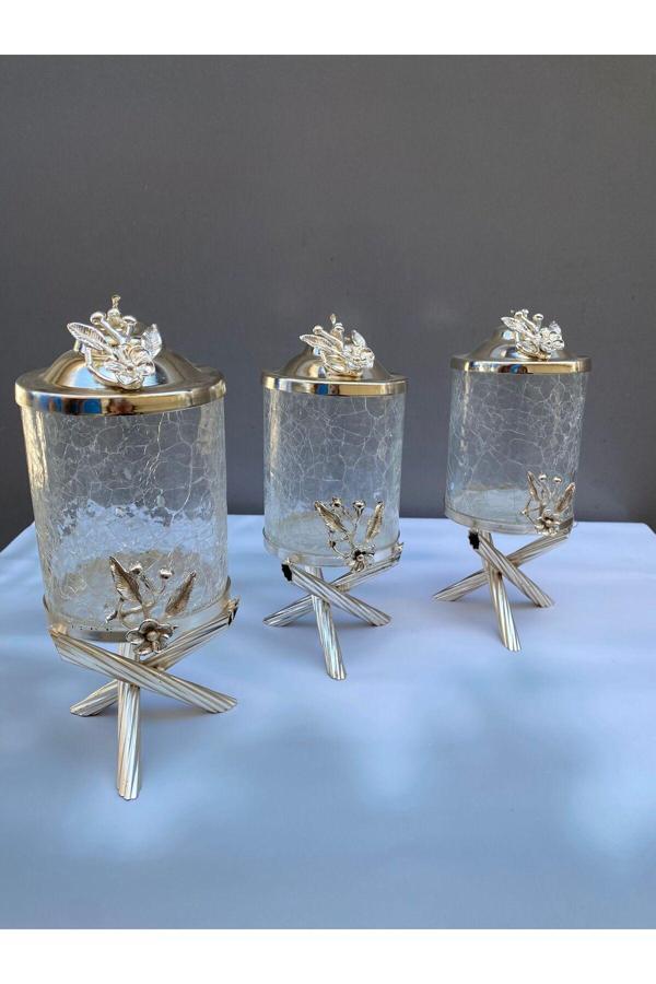 Azade Home Gümüş Pirinç Japongül Çatlak Cam Kavanoz 3’Lü Set - Image 1