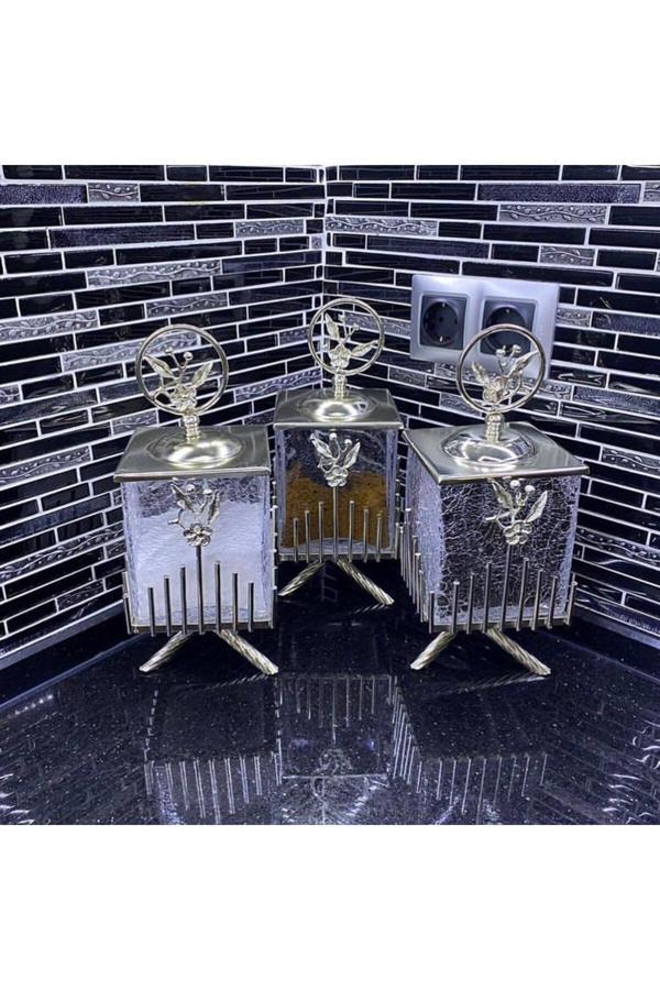 Azade Home Gümüş Pirinç Japongül Çubuk Kare Kavanoz 3’Lü Set - Image 1