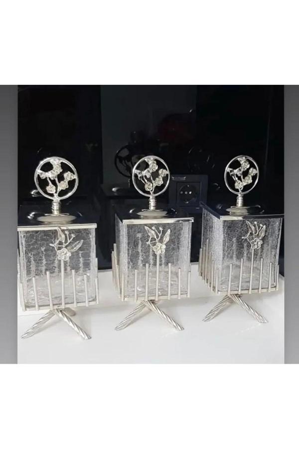 Azade Home Gümüş Pirinç Japongül Çubuk Kare Kavanoz 3’Lü Set - Image 1