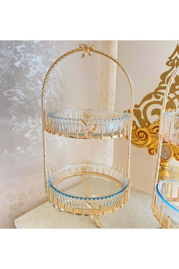 Azade Home Gold Pirinç Japongül Çubuk İki Katlı Borcam Cam Sunumluk - Image 1