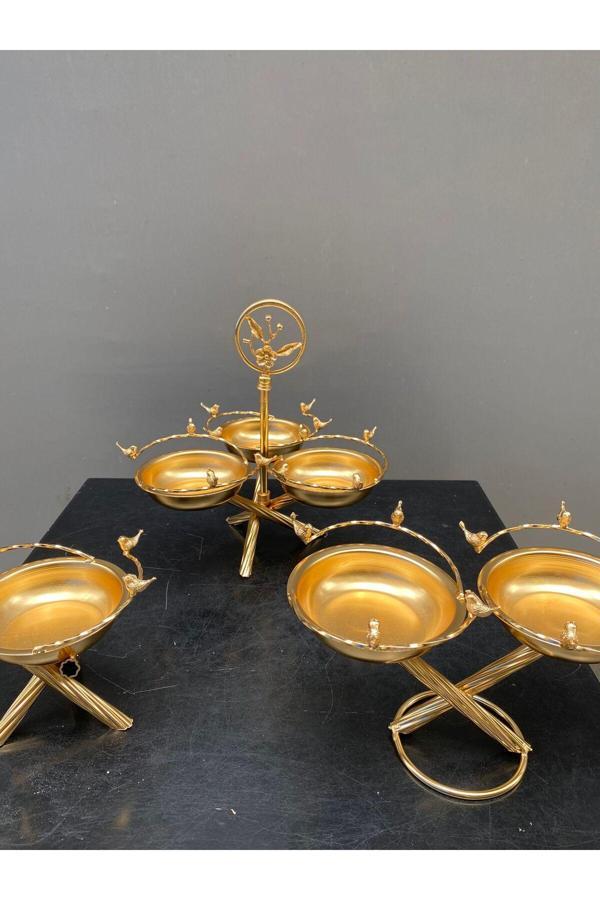 Azade Home Meridyen Kuşlu 3’Lü, Meridyen Kuşlu 2’Li Ve Meridyen Kuşlu Tekli Çerezlik Üçlü Pirinç Set - Image 1