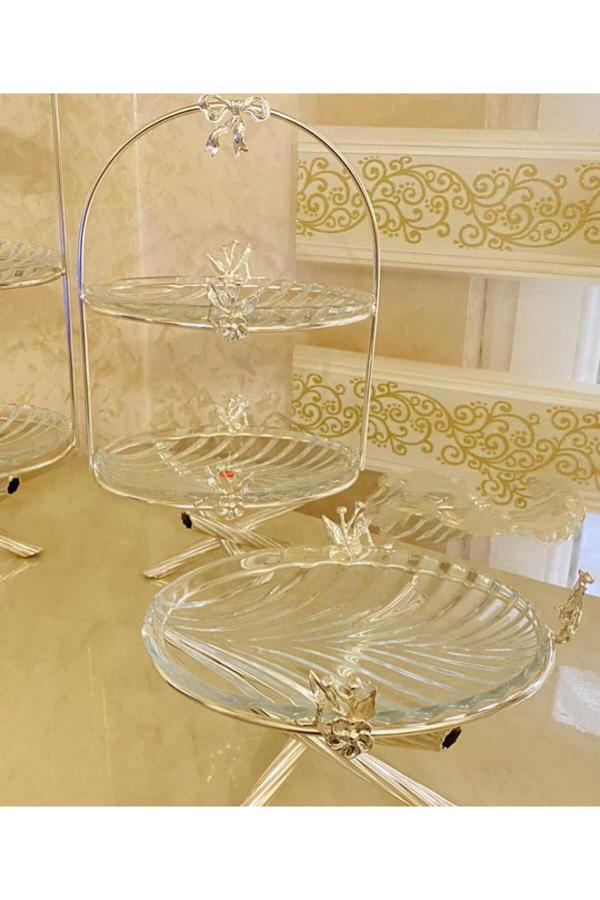 Azade Home Gümüş Japongül Pirinç İki Katlı Cam Sunum Ve Tekli Cam Sunum İkili Set - Image 1
