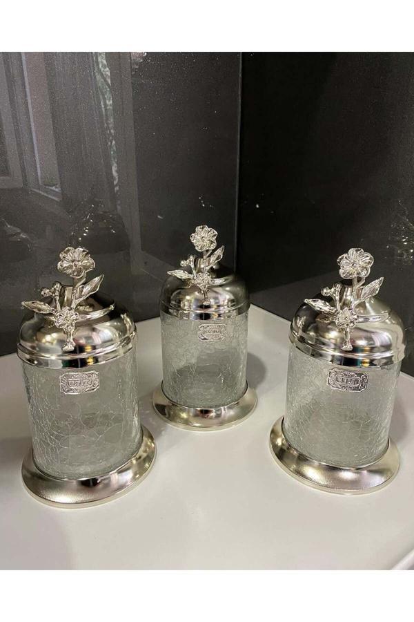 Azade Home Gümüş Pirinç Japongül Ayaksiz Kavanoz 3’Lü Set - Image 1