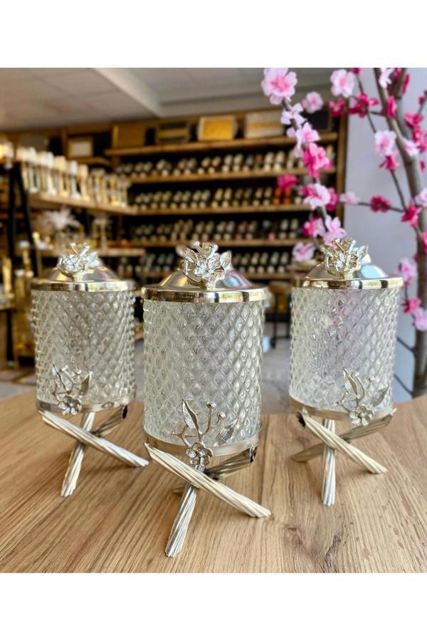 Azade Home Gümüş Pirinç Japongül Kristal Cam Kavanoz 3’Lü Set - Image 1