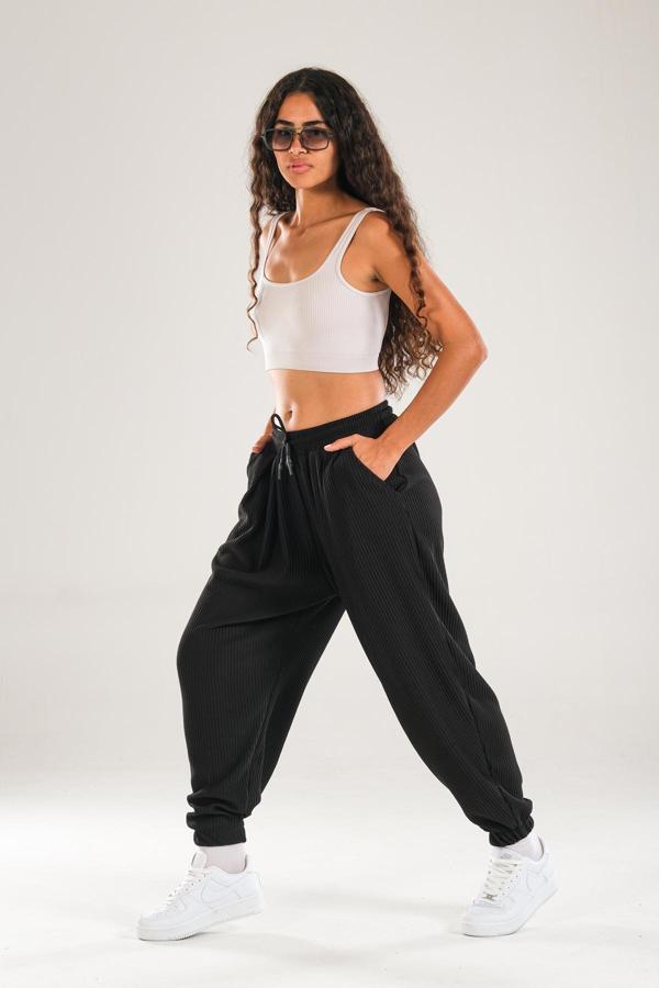 Siyah Fitilli Pileli Jogger Pantolon - Image 1