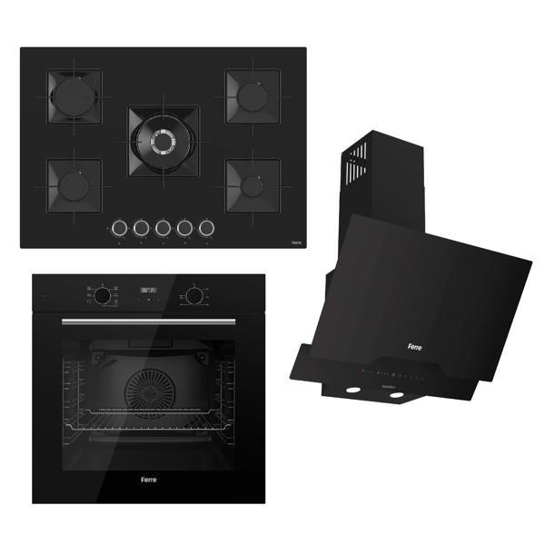 Ferre FLOWART-SILENTART Serisi Siyah Set (SS035 + QBL63CS +D063-SA ) - Emaye Izgara-75 Cm Ocak - Image 1