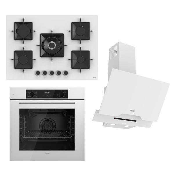 Ferre STEAMART-FRYART-SILENTART Serisi Beyaz Set (SS036 + QBL63CB +D064-SA ) - Emaye Izgara - 75 Cm Ocak - Image 1