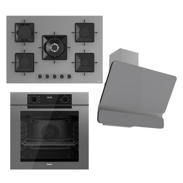 Ferre FRYART Serisi Gri Set (SS038 + QEP63CPR +D082 ) - Döküm Izgara / 75 cm Ocak - Image 1