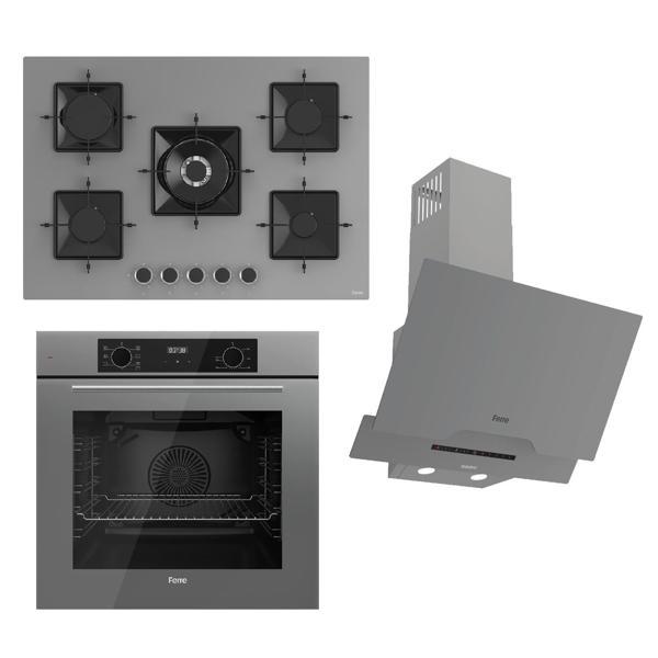 Ferre FLOWART-SILENTART Serisi Gri Set (SS038 + QBL63CPR +D065-SA ) - Emaye Izgara / 75 cm Ocak - Image 1