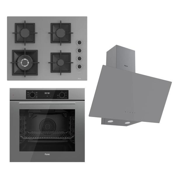 Ferre FLOWART Serisi Gri Set (SC408-WFA + QBL63CPR +D079 ) - Döküm Izgara / 65 cm Ocak - Image 1
