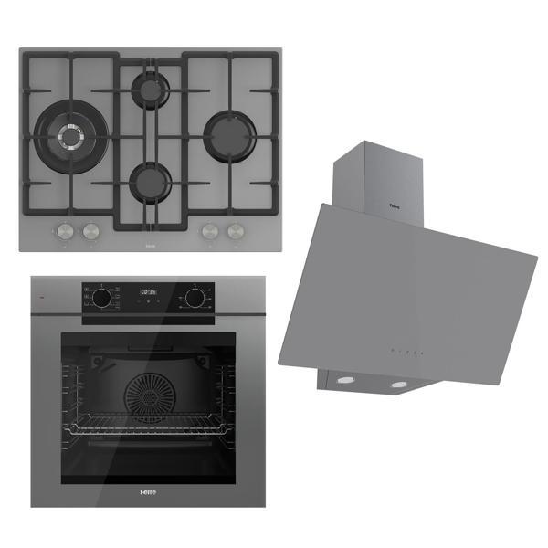Ferre FRYART Serisi Gri Set (ED078 + QEP63CPR +D079 ) - Döküm Izgara / 67 cm Ocak - Image 1