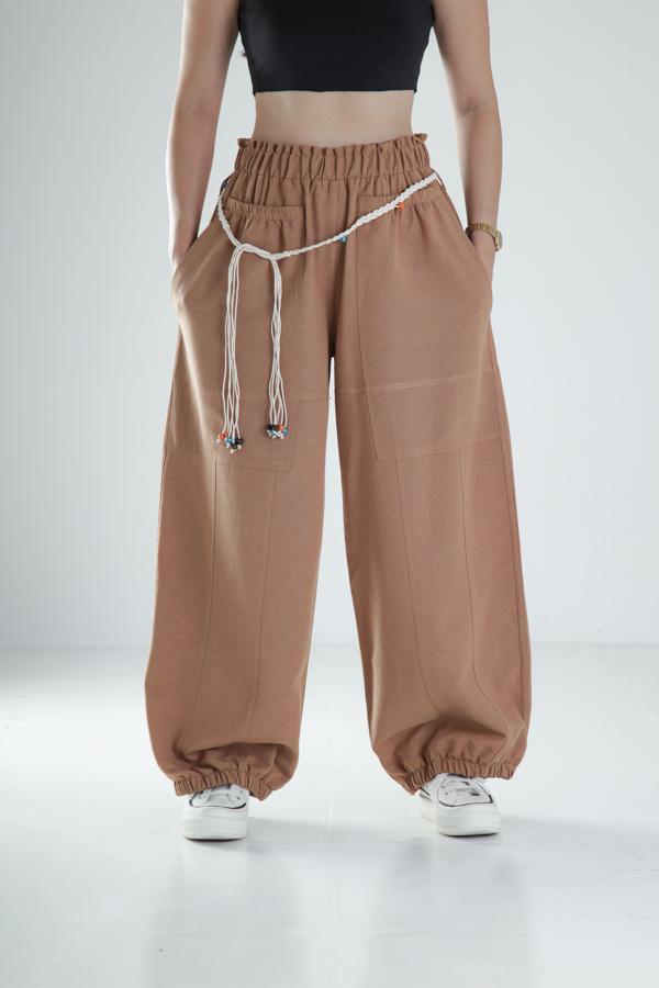 Tasarım Keten Kahverengi Baggy Pantolon - Image 1