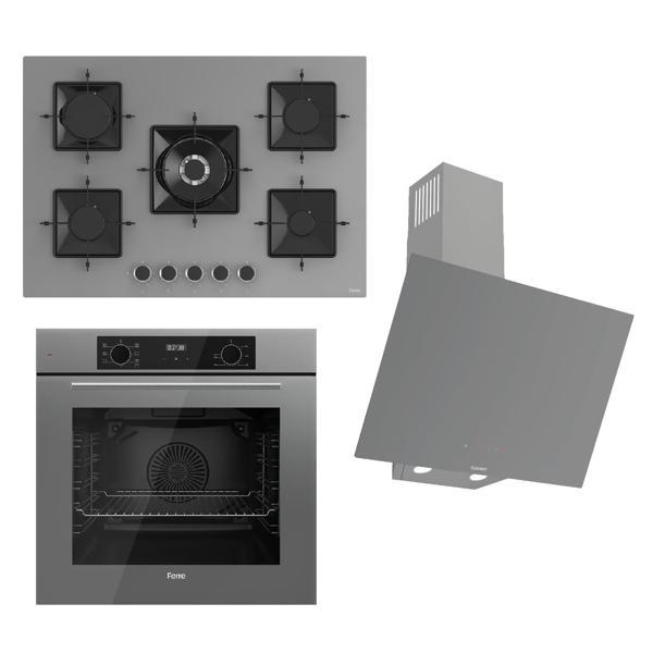 Ferre FLOWART-SILENTART Serisi Gri Set (SS038 + QBL63CPR +D079-SA ) - Emaye Izgara / 75 cm Ocak - Image 1
