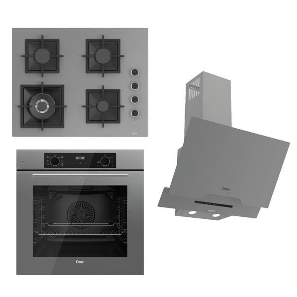 Ferre FLOWART-SILENTART Serisi Gri Set (SC408-WFA + QBL63CPR +D065-SA ) - Döküm Izgara / 65 cm Ocak - Image 1