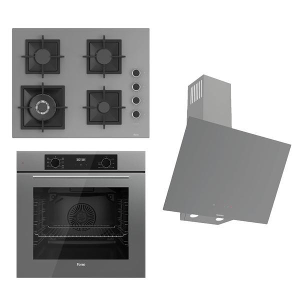 Ferre FLOWART-SILENTART Serisi Gri Set (SC408-WFA + QBL63CPR +D079-SA ) - Döküm Izgara / 65 cm Ocak - Image 1