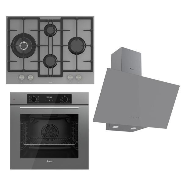 Ferre FLOWART Serisi Gri Set (ED078 + QBL63CPR +D079 ) - Döküm Izgara / 67 cm Ocak - Image 1
