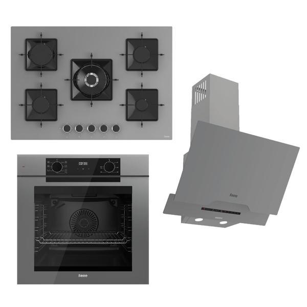 Ferre FRYART-SILENTART Serisi Gri Set (SS038 + QEP63CPR +D065-SA ) - Emaye Izgara / 75 cm Ocak - Image 1
