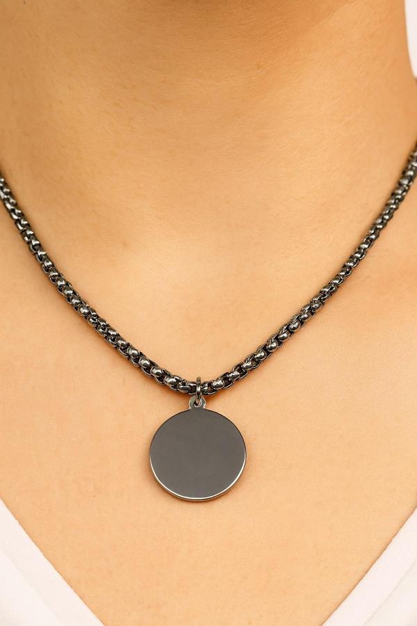 Gümüş Renk Yuvarlak Plaka Model Unisex Arnavut Zincir Çelik Kolye - 3318 - Image 1