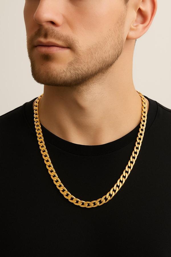 Altın Renk Cuban Kalın Unisex Erkek Metal Çelik Zincir  Çelik Kolye - 3333 - Image 1
